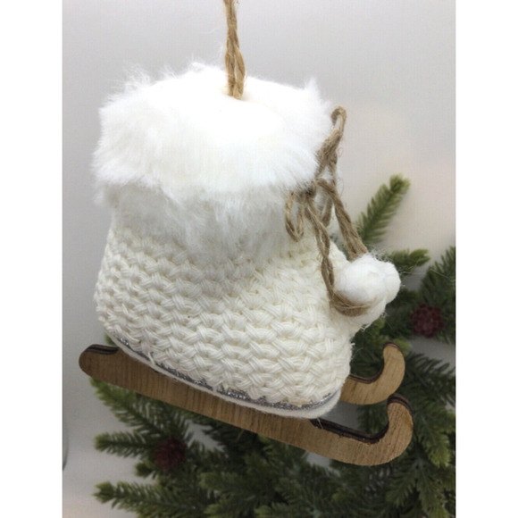 Ice Skate Ornaments 2 White Fuzzy Knit Christmas Tree Pompoms 5 in - Picture 2 of 6